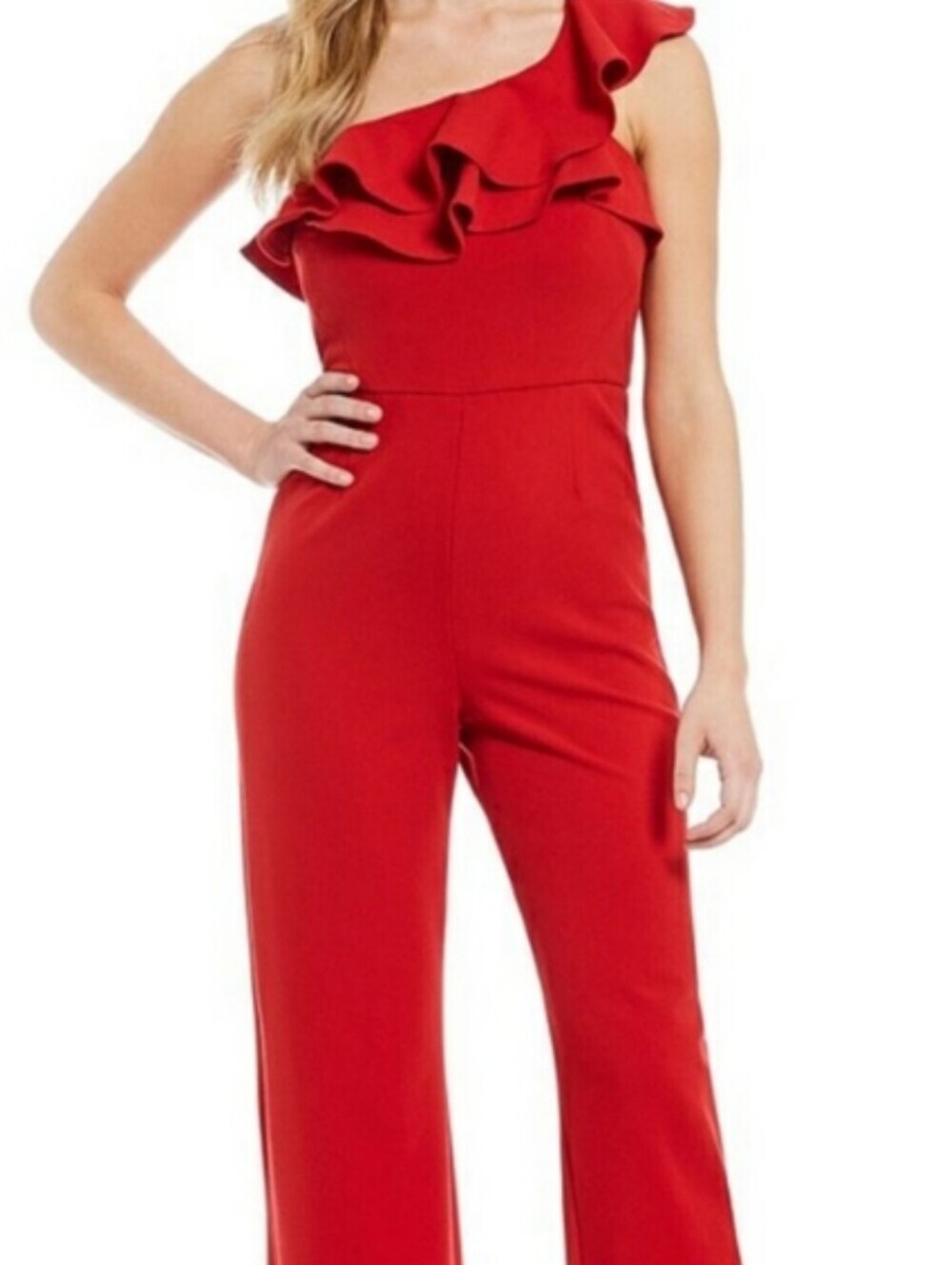 Gianni Bini Red Ruffle One Shoulder Jumpsuit romper Size 10 Wide Leg Party EUC